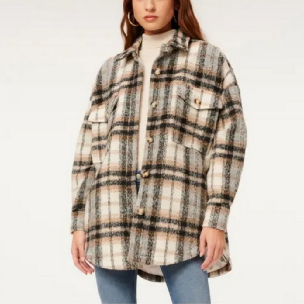 NWT Good American Plaid Shacket in Neutral Plaid001 00/0